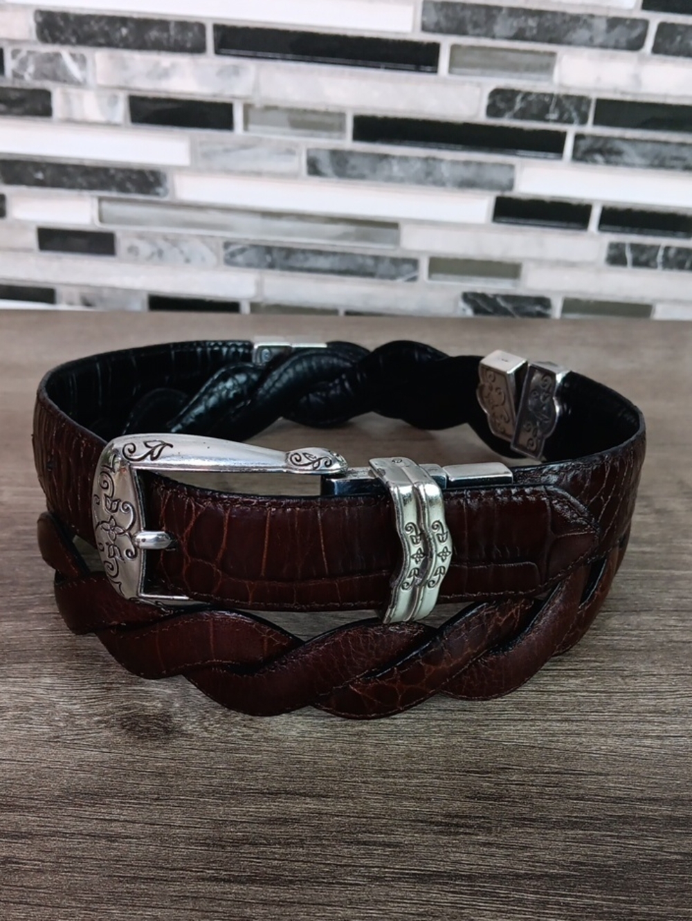 Brighton Black / Brown Croc Embossed Leather Reversable Belt B40169 Silvertone M